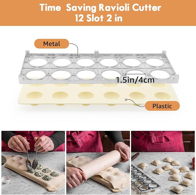 Ravioli Cutter Mold Pasta Dumpling Gnocchi Press Maker Handmade 5 PCS Ravioli Making Tool Kit Pasta Attachment Cutter Wheel Ravioli Stamp w/Wood Rolling Pin