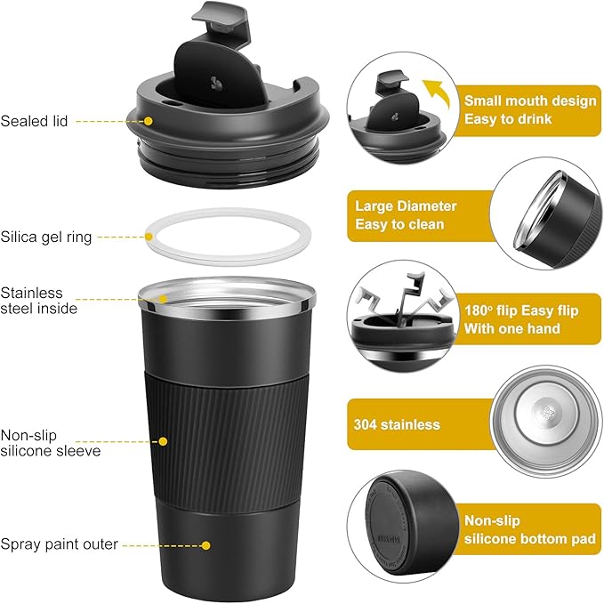 YINJAM 17oz Travel Coffee Mug Insulated Coffee Cups to Go with Leakproof Lid Vacuum Stainless Steel Double Walled Thermal Car Coffee Tumbler for Hot Cold Ice Tea Drinks Reusable (Purple, 17oz)
