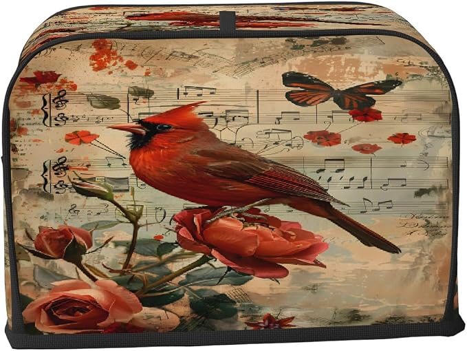 Flower Rose Red Bird Toaster Cover 4 Slice Wide Slot Washable Kitchen Appliance Covers Fingerprint Bread Machine Dust Cover Small Toaster Oven Accessories Covers Bread Maker Bag Women Gift