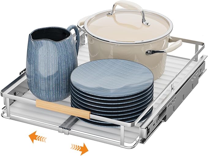 Expandable Pull Out Cabinet Organizer, 12.3"-18.5" W x 22.5''D | 1Pack, Stainless Steel Slide Out Drawers, Heavy Duty Drawer Slides, For Kitchen Pantry Cupboard Pots Pans, Adjustable Width