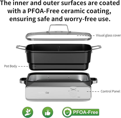 Slow Cooker 10 Quarts (2 x 5 Quarts) PFOA-Free Ceramic Coating | Adjustable Temp Oven Safe to 450°F | Keep Warm Function for Large Family Gatherings (Includes Silicone Spoon)