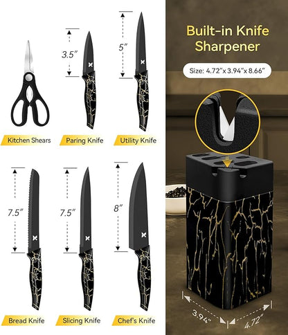 Knife Set, 8 Pieces Kitchen Knife Block Sets, High Carbon German Stainless Steel, Dishwasher Safe Cutlery with Sharpener, Black