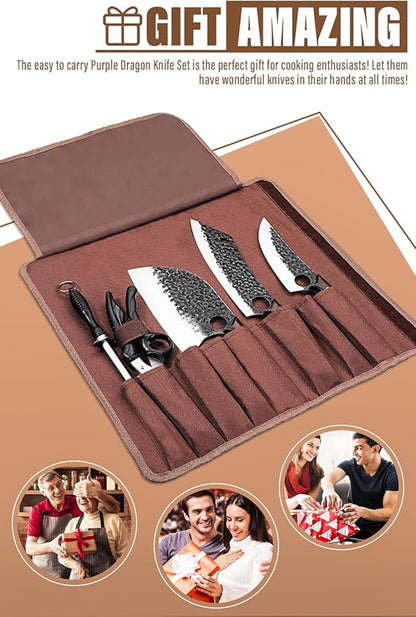 Purple Dragon Butcher Knife Set - 9 Pcs Chef Knife Set - Hand Forged Serbian Chef Knives - Meat Cleaver Boning Viking Knives with Roll Bag - Gift for Men and Women