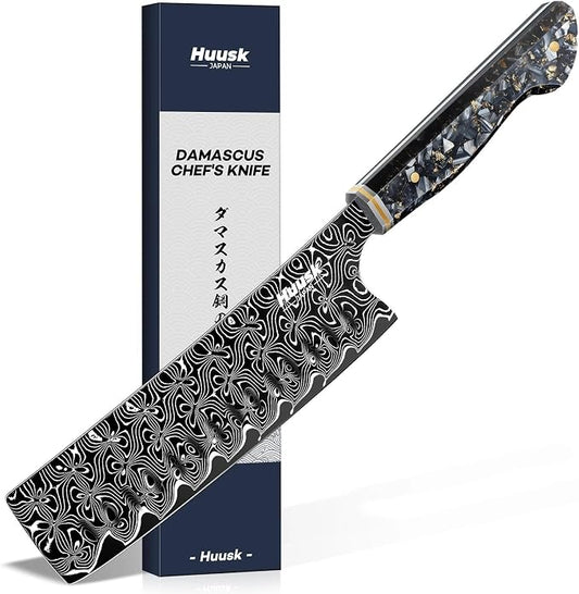 Huusk Damascus Nakiri Knife 7 Inch, Japanese Damascus Steel Chef Knives, Cleaver and Vegetable Knife with Ergonomic Resin Handle, Razor Sharp Kitchen Knives, Birthday Cooking Gifts for Men and Women