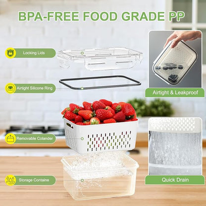 CAPHONT Fruit Containers for Fridge 6 Pcs 2-in-1 Large Fridge Food Storage Container Set with Lids with Strainer 6 Size Clear Vegetable Storage Containers Keep Fruits, Vegetables, Meat Fresh Longer