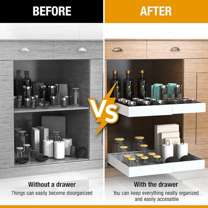 Expandable Pull Out Drawers for Cabinets(White) : Kitchen and Pantry Organizer, Sliding Cabinet Organizer with Adhesive, Under Sink and Pots Storage, Depth 16.5". expandable pull out cabinet organizer
