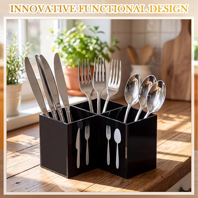 Suzile Acrylic Cutlery Storage Organizer Bin Silverware Caddy Countertop Knife Spoon and Fork Holder Kitchen 3 Section Tableware Storage Box for Cabinet Flatware Dining Room (Triangle,S,Black)