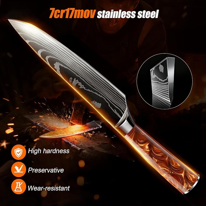 8-Piece Premium Japanese Kitchen Knife Set - Star Collection, Laser Damascus Pattern, 440A Stainless Steel Ultra Sharp for Fast Cutting (Red 8J)