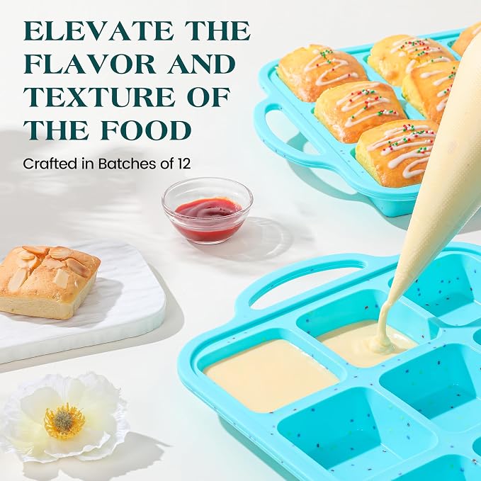 KASHME 2Pcs Silicone Brownie Pans With Dividers, 12-Cavity Non Stick All Edges Mini Brownie Baking Pan With Metal Frame, Square Muffin Pan For Oven, (Aqua、Cream)