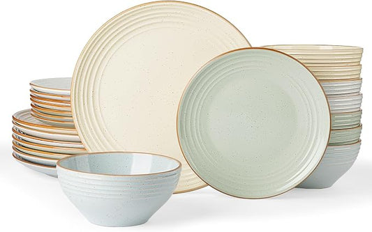 Famiware Jupiter 24-Piece Stoneware Dinnerware Set for 8, Handcrafted Plates and Bowls with Speckles & Embossed Swirls, Chip/Scratch Resistant, Microwave/Dishwasher Safe, Rustic Dishes, Multi-color