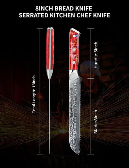 8” Bread Knife Serrated Kitchen Chef Knife - Damascus Steel & Resin Handle - Xuan Series (Sunset Red)