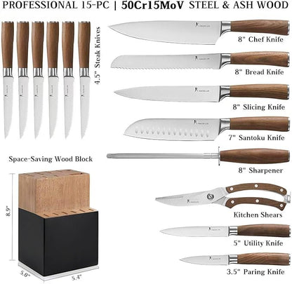 Kangdelun Ultra Sharp 15-Piece Kitchen Knife Set, High Carbon Stainless Steel Blades, Torrefied Brown Wood Handles, Ergonomic Design, Space-Saving Black-Finished Wood Block, Easy Hand Wash, Gift Box