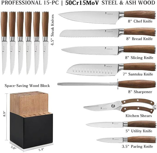 Kangdelun Ultra Sharp 15-Piece Kitchen Knife Set, High Carbon Stainless Steel Blades, Torrefied Brown Wood Handles, Ergonomic Design, Space-Saving Black-Finished Wood Block, Easy Hand Wash, Gift Box