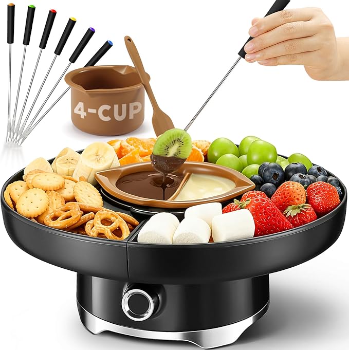 LUSHYUM Chocolate Fondue Pot Set Electric Melting Machine, 4-Cup Capacity 4 Trays 6 Forks 1 Spatula Cheese Warmer, Ideal Gift for Couple Family & Date Night Idea House Warming Holidays, Black