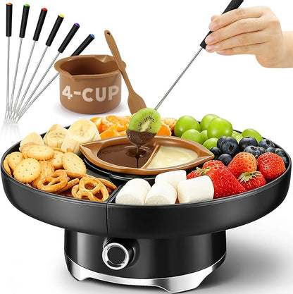 LUSHYUM Chocolate Fondue Pot Set Electric Melting Machine, 4-Cup Capacity 4 Trays 6 Forks 1 Spatula Cheese Warmer, Ideal Gift for Couple Family & Date Night Idea House Warming Holidays, Black