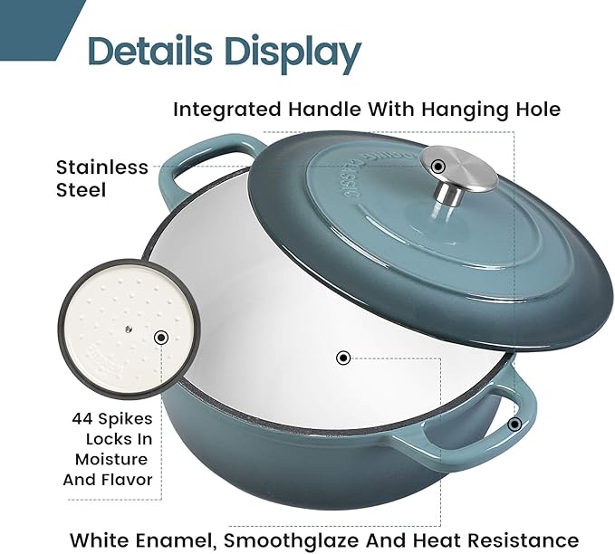 EDGING CASTING Enameled Cast Iron Round Dutch Oven with Lid Dual Handle Pot Bread Ovens, 7 Quart, Slateblue