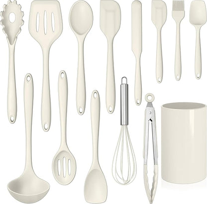 LIANYU 14 Pcs Kitchen Utensils Set with Holder, Silicone Cooking Utensils Spatula Set, Heat Resistant Cookware Tools Includes Spoon Turner Whisk Tong, Dishwasher safe, Cream White