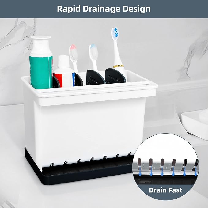 JOMOLA Kitchen Sink Organizer Dish Brush Sponge Holder Caddy Toothbrush Holders for Bathrooms Sinkware Kitchen Utensil Holder Sink Caddy Organizer with 4 Separate Dividers Removable Drain Tray (Black)