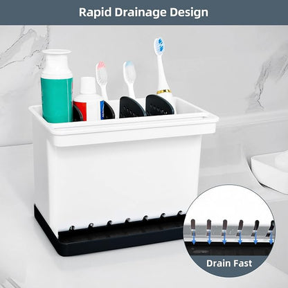 JOMOLA Kitchen Sink Organizer Dish Brush Sponge Holder Caddy Toothbrush Holders for Bathrooms Sinkware Kitchen Utensil Holder Sink Caddy Organizer with 4 Separate Dividers Removable Drain Tray (Black)