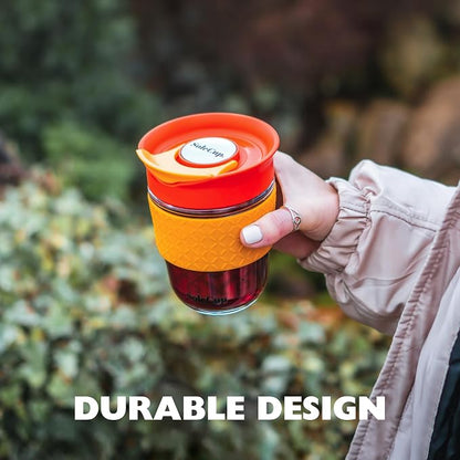 Travel Mug Loose Tea Infuser - Detachable Tea Strainer with Spillproof Lid - BPA-Free Reusable Glass Travel Coffee Cup with Silicone Band (Black, 12oz)