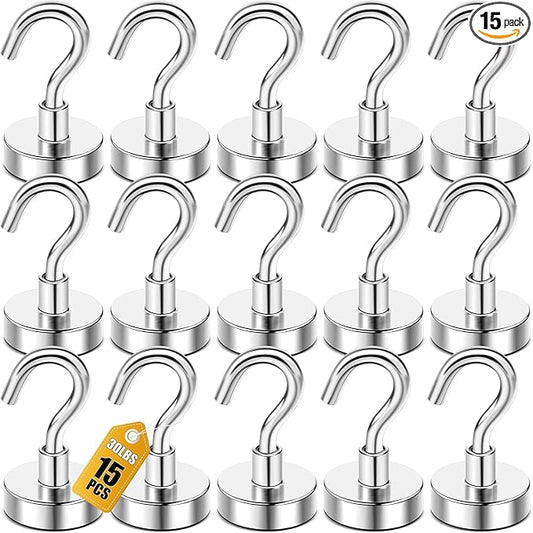 DIYMAG Magnetic Hooks, 30Lbs Strong Heavy Duty Cruise Magnet Hooks for Classroom, Fridge, Hanging, Cabins, Grill, Kitchen, Garage, Workplace and Office etc, (15 Pack-Silver)