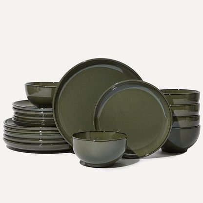 Pokini 18 Piece Dinnerware Set for 6, Reactive Glaze Terracotta Plates and Bowls Set, Large Family-Sized Stoneware Dish Set for Gatherings, Chip and Scratch Resistant, Blackish Green