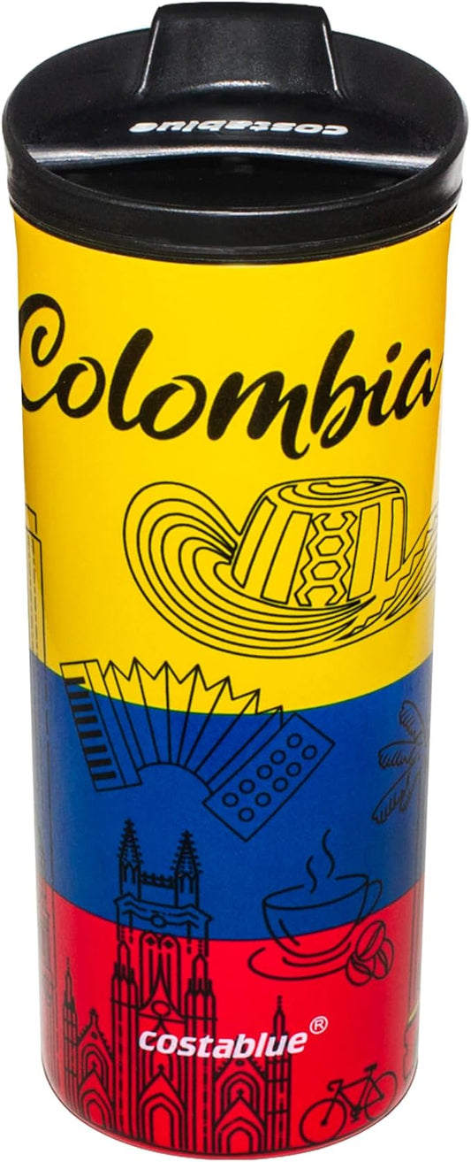 Colombia Vacuum Insulated Stainless Steel Thermal Travel Mug, 16 oz, Easy Clean, Flip leak Proof Lid Colombian Flag with Icons from Colombia…