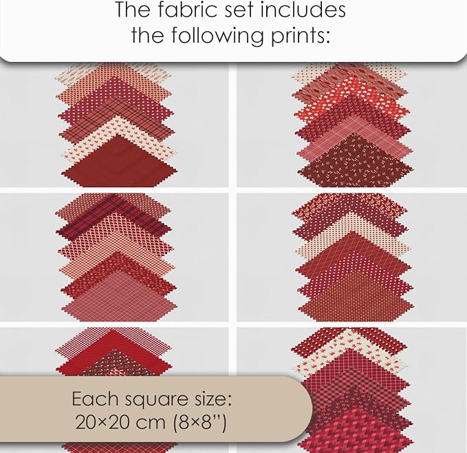 Cotton Satin Patchwork Fabric Panel – 35 Designs, 20×20 cm Squares, Single Piece 150×110 cm, Red Patchwork Quilt Fabric (Scarlet Love Patchwork Set, 35pcs 8x8 inch)