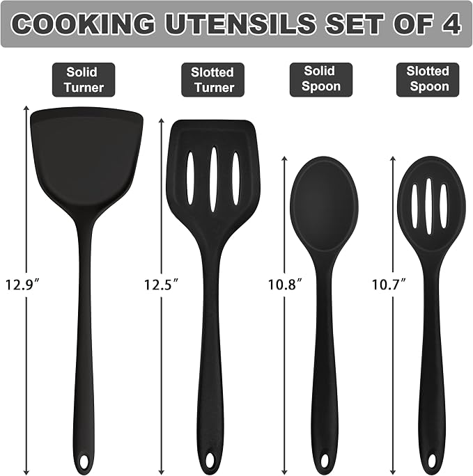 TeamFar Silicone Cooking Utensils, 4pcs Kitchen Utensils Set with Silicone Spatulas & Spoons, Heat-Resistant Solid & Slotted Cooking Spoons Turners for Non-stick Cookware, Dishwasher Safe, Black