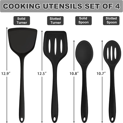 TeamFar Silicone Cooking Utensils, 4pcs Kitchen Utensils Set with Silicone Spatulas & Spoons, Heat-Resistant Solid & Slotted Cooking Spoons Turners for Non-stick Cookware, Dishwasher Safe, Black
