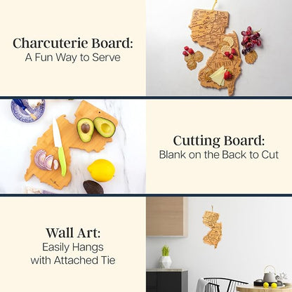 Totally Bamboo Destination New Jersey Shaped Cutting Board – Bamboo Charcuterie and Serving Board with Hang Tie for Wall Display