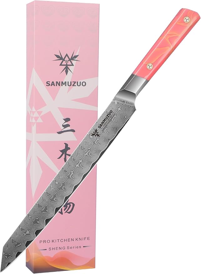 Meat Carving Knife 10 Inch, Professional Kitchen Slicing Knife, Ultra Sharp Damascus Powder Steel with Full-tang Resin Handle, SHENG Series