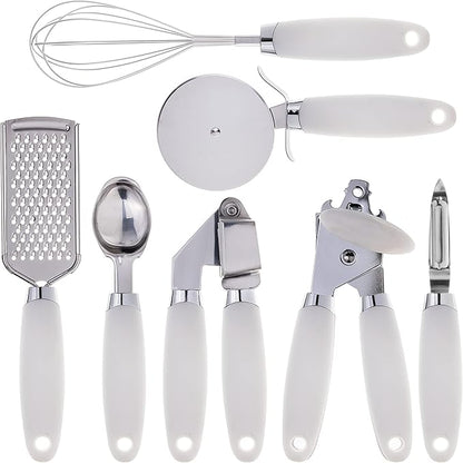COOK WITH COLOR Kitchen Gadget Set Stainless Steel Utensils with Soft Touch Handles, 7 Pieces, Stainless Steel White