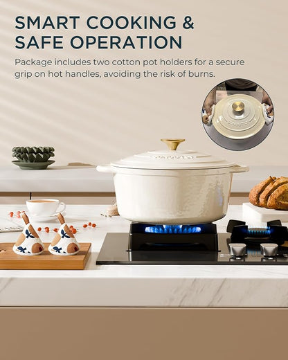 Enameled Cast Iron Dutch Oven - 7.5QT Pot with Lid & Cotton Potholders - Heavy-Duty Cookware for Braising, Stews, Roasting, Bread Baking, Oven Safe up to 500° F & Across All Cooktops, Cream White