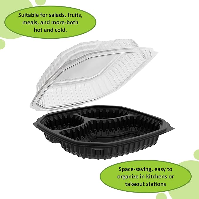 EcoQuality 9x9x3 Inch 3 Compartment Black Hinged Takeout Containers with Clear Lids Food Storage Clamshell for Meal Prep, Restaurant, Catering, and Takeout Packaging (40)