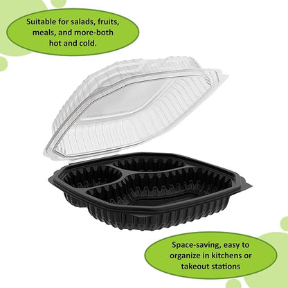 EcoQuality 9x9x3 Inch 3 Compartment Black Hinged Takeout Containers with Clear Lids Food Storage Clamshell for Meal Prep, Restaurant, Catering, and Takeout Packaging (20)