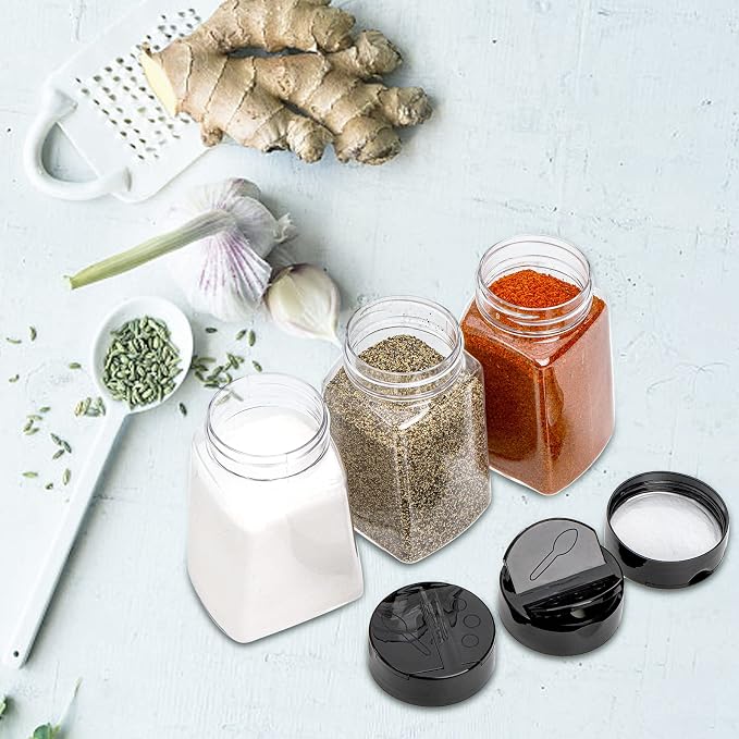 Tebery 24 Pack 9 Oz Plastic Spice Jars with Black Cap, Reusable Seasoning Containers Bottles for Kitchen Organization, Clear Plastic Spice Container with Shaker Lids for Spices Powders Herbs