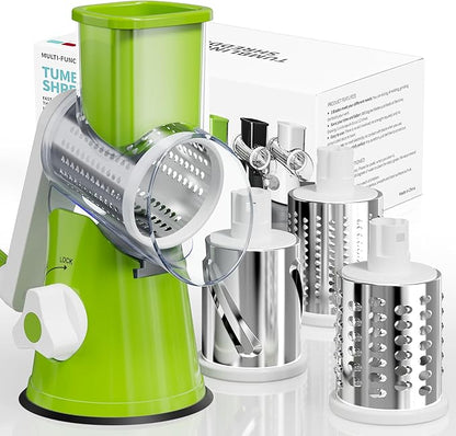 Rotary Cheese Grater Hand Crank, 3 Blades Slicer Shredder, Cheese Grater for Kitchen, Multi-Functional Kitchen Tool for Vegetables, Nuts, Chocolate, with Strong Suction Base, Green