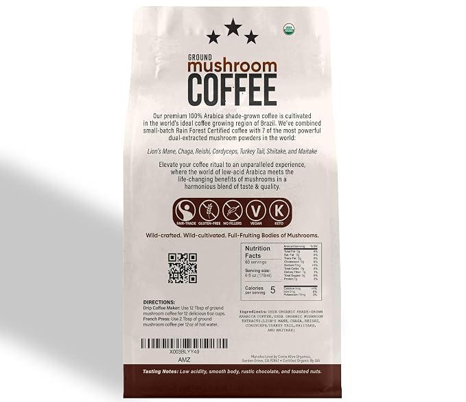 La Republica Ground Mushroom Coffee, Organic Fair Trade Arabica with Superfood Mushrooms (Medium Roast, 60 Servings)