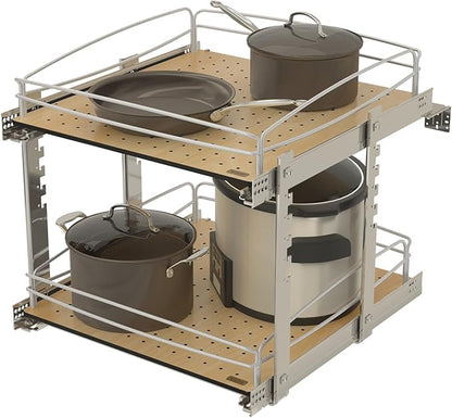 Rev-A-Shelf 2 Tier Pull Out Kitchen Cabinet Storage Organizer with Solid Bottom & Undermount Soft-Close Full Extension Slides, Min Opening Width of 20", 54BK-21SC-2-1