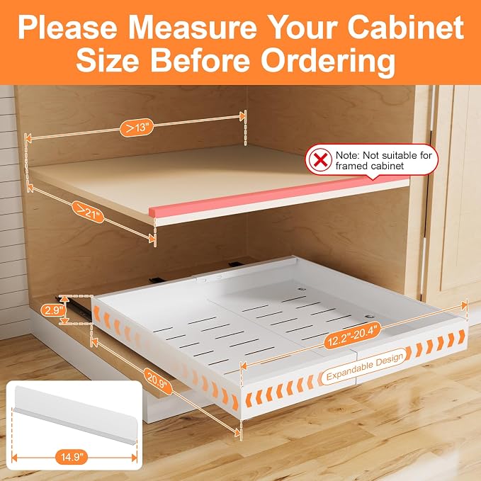 YJHome 1 Pack Pull Out Cabinet Organizer, No Drill Expandable Width 12"-20" & 21" Depth, Adhesive or Screw-In Installation, Magnetic Divider for Custom Storage, for Kitchen Pantry Bathroom Cabinet
