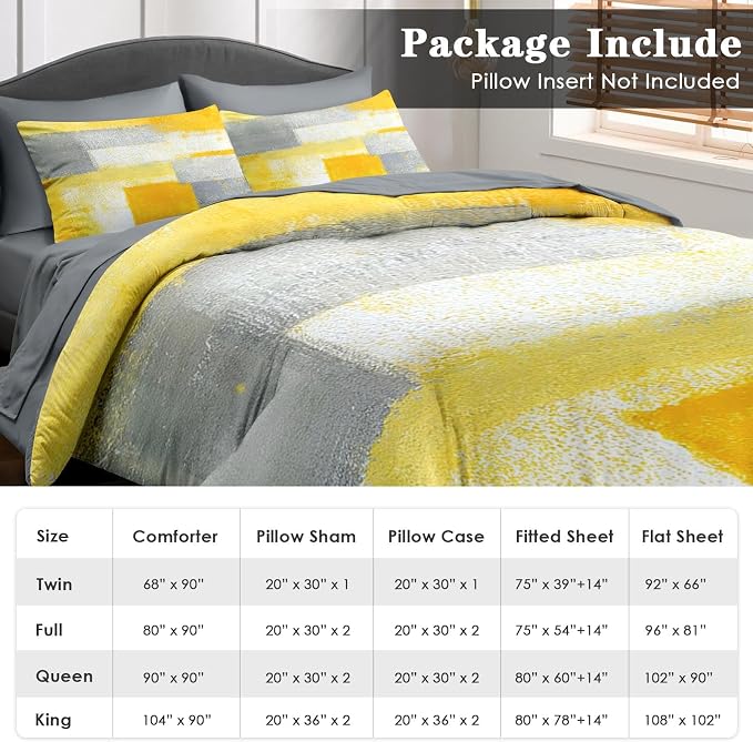 Pamnest Comforter Set Full Size, Grey Yellow Painting Gray 7 Pcs Bedding for Kids and Adults, Office Contemporary Abstract Bed Sheet Sets with Fitted Sheet 2 Pillowcase & 2 Sham for Bedroom Bed Decor