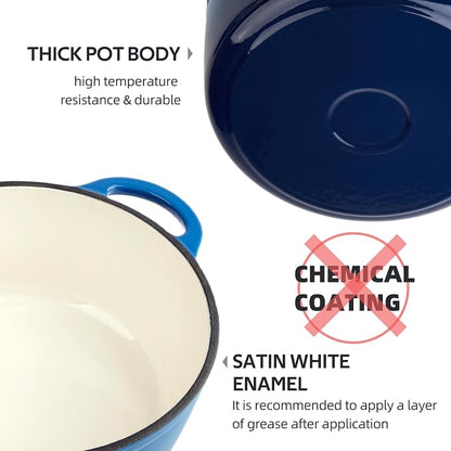 6 Quart Dutch Oven Enameled Cast Iron with Lid - Big Dual Handles - Oven Safe up to 500°F - Classic Round Pot for Versatile Cooking (Blue, 6 QT)