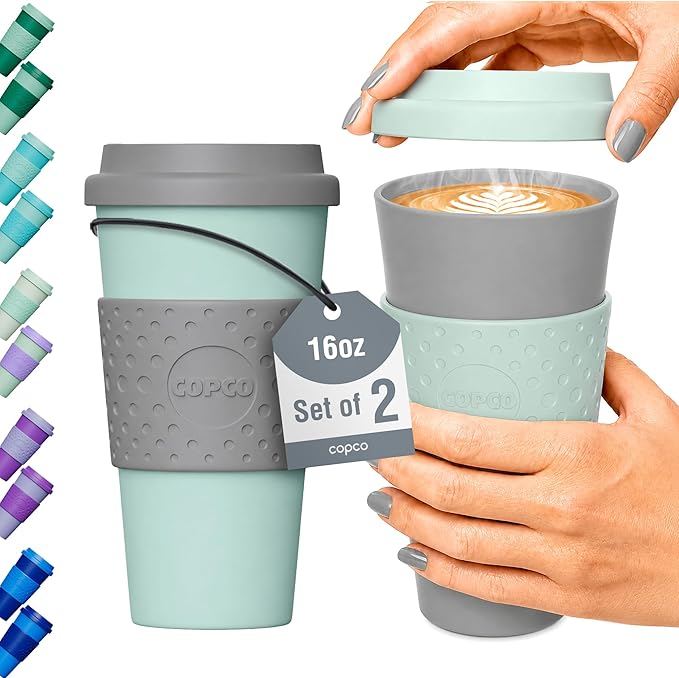 Copco Acadia 16oz Travel Mug with Lid, Set of 2 Double Wall Insulated Tumbler, Non-Slip Sleeve and BPA-Free - Microwave & Dishwasher Safe, Reusable Plastic To Go Travel Coffee Mug (Aqua/Gray)