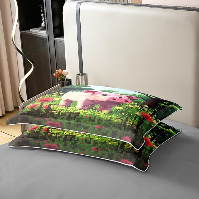 Full Size Duvet Cover Set Pink Pig Comforter Cover Set 100% Pure Cotton Pixelated Style Floral Duvet Cover Set (No Filler) Cartoon Animals Bedding Set 3 Pcs