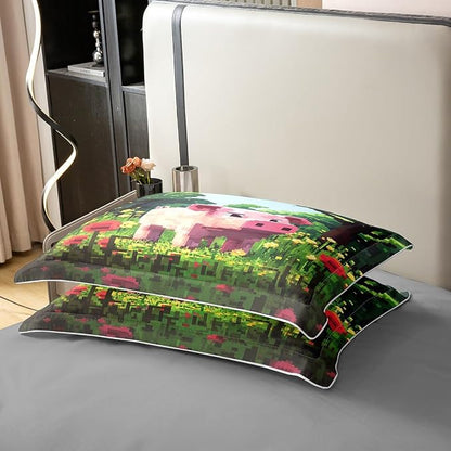 Full Size Duvet Cover Set Pink Pig Comforter Cover Set 100% Pure Cotton Pixelated Style Floral Duvet Cover Set (No Filler) Cartoon Animals Bedding Set 3 Pcs