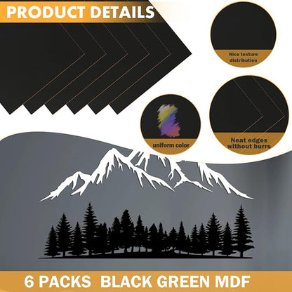 6 Pack Colored MDF Boards for Laser Engraving, 12x12x1/8 (3mm) Unfinished Fiberboard for Laser Cutting, DIY Craft Projects, Home Decor, Sign Making, Woodworking (Black)