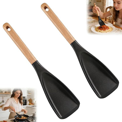 2 Pack Silicone Spoonula for Nonstick Cookware, BPA Free Food Grade Kitchen Utensils with Wooden Handle, Heat Resistant Cooking Spoon for Mixing, Scraping, Stirring & Serving, Non Scratch Kitchen Tool