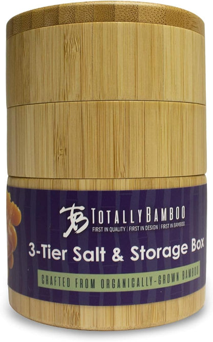 Totally Bamboo Triple Salt Cellar, 3 Tier Bamboo Salt and Pepper Container with Magnetic Swivel Lids, Seasoning Box for Herbs and Spices, 1⅓ Cup