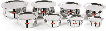 Sumeet Stainless Steel Belly Shape 8 Pc Tope/Cookware/Pot Set with Lid 380ML, 500ML, 780ML, 1.1Ltr, 1.4Ltr, 1.75Ltr, 2.4 LTR, 3.1 LTR (Silver)